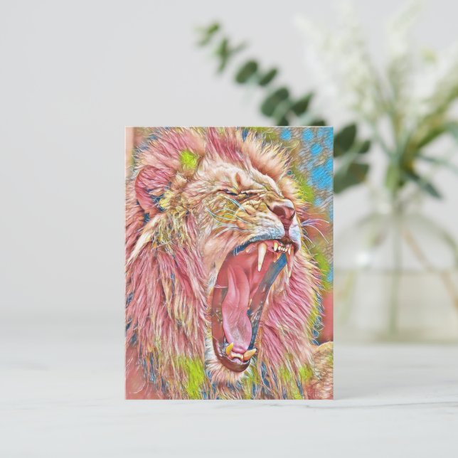 Konstnärlig rosa rytande lejon vykort (Stående Fram)