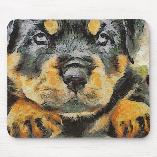 Konstnärlig rottweiler Puppy Porträtt Musmatta (Framsidan)