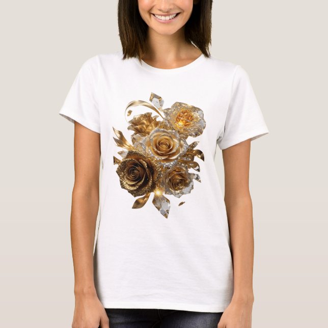 Konstnärlig Silver GULLROSOR Tryck T Shirt (Framsida)
