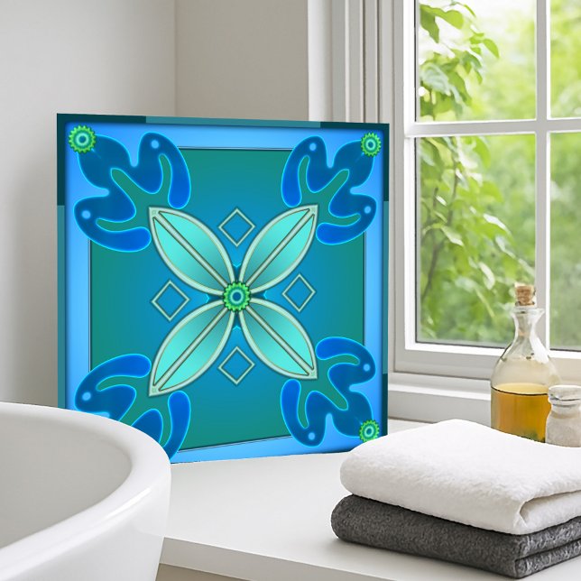 Konstnärlig skalning av Blommigtens utformning - b Kakelplatta (Modern geometric floral design tile for bathroom or kitchen in teal and blue green)