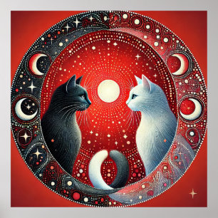Konstnärlig skildring av Yin och Yang-katter Poster