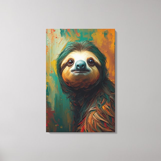 Konstnärlig Sloth Porträtt Vibrant Oljemålning Canvastryck (Framsida)
