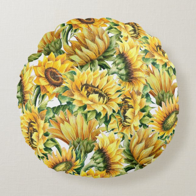 Konstnärlig Solros Trädgård - Vintage Blommor Rund Kudde (Framsidan)