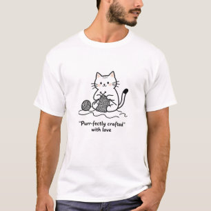 Konstnärlig Stickande Katt Svart Vit Linjekonst T Shirt
