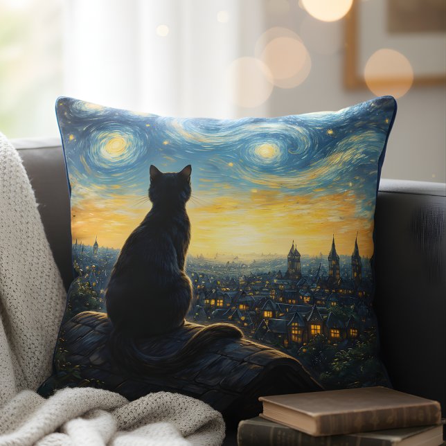 Konstnärlig svart katt & himmelsk stadsdekoration kudde (Skapare uppladdad)