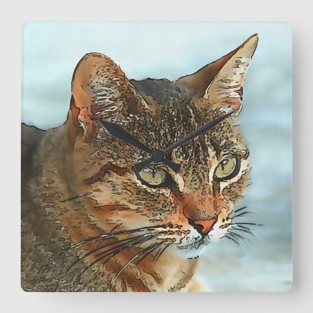 Konstnärlig Tecknad Stil Tabby katt RB Fyrkantig Klocka (Framsida)