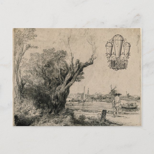 Konstnärlig teckning av gammalt luftskepp och flyg vykort (Framsida)