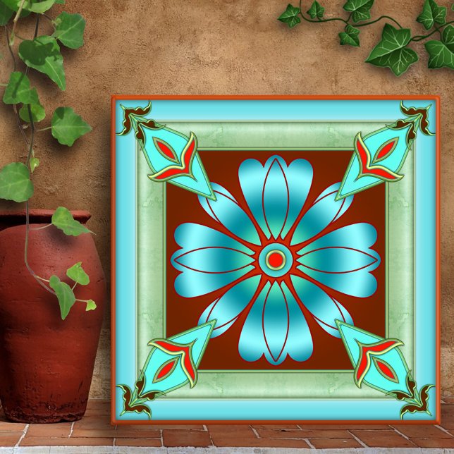 Konstnärlig turkos-Blommigt Kitchen eller Bathroom Kakelplatta (Creative design kitchen or bathroom tile featuring an abstract geometric floral pattern)