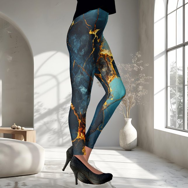 Konstnärlig vekturen Abstrakt Blue Ocher Leggings (Leggings featuring an abstract veined design in teal blue and warm ocher.)
