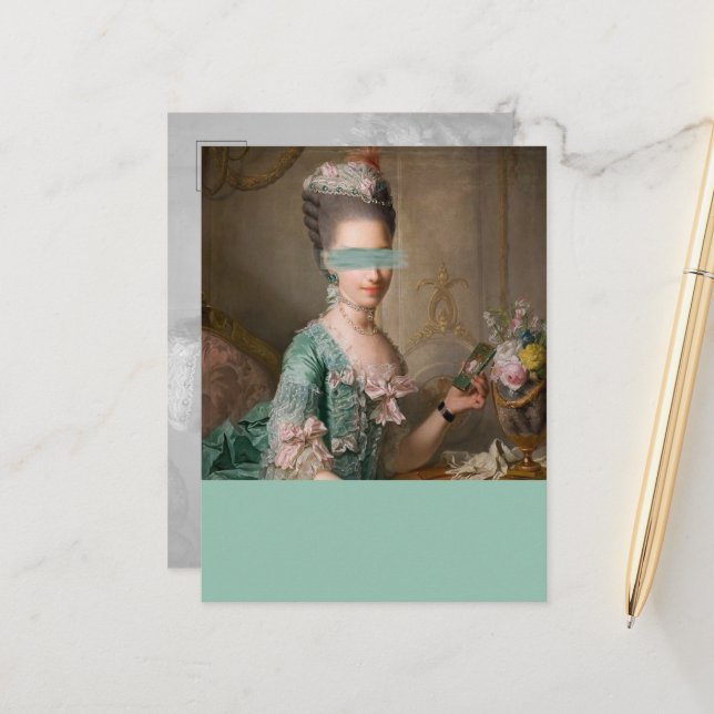 Konstnärlig vintageporträtt i teal färgblock vykort (Fram/Back In Situ)