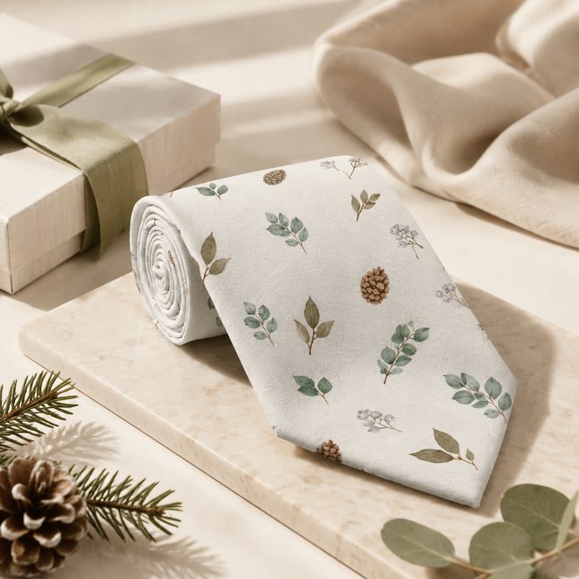 Konstnärlig vinter botanisk elegant sagegrön herr  slips (Watercolor Botanical Sage Ivory Winter Groomsmen Holiday Formal Ties)