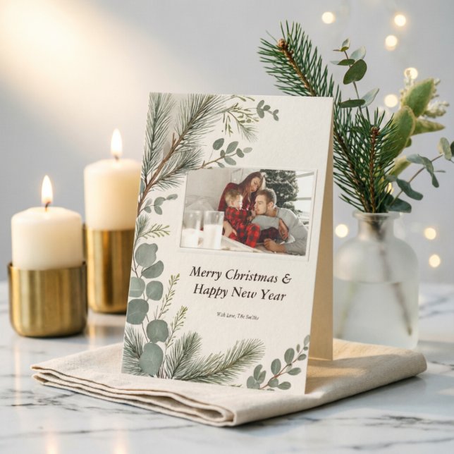 Konstnärlig vinterbotanisk julfotokort julkort (Artisan Winter Botanical Christmas Photo Card)