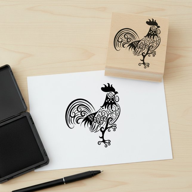 Konstnärlig Virvlande Tupp Stämpel (Swirly artistic rooster rubber stamp. 🐓)