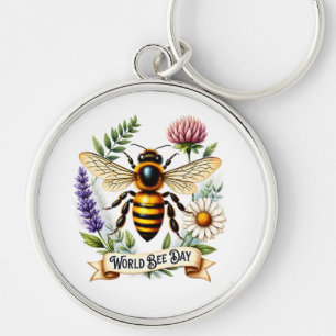 Konstnärlig World Bee Day-illustration med honungs Rund Silverfärgad Nyckelring
