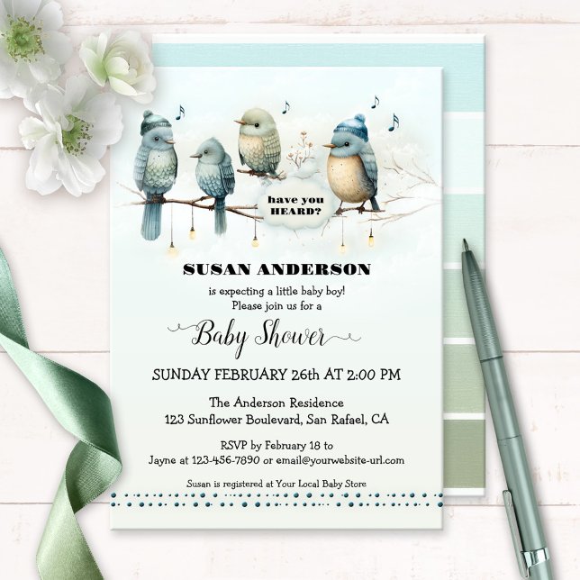 Konstnärliga babyskor för Cute Bird Sång Inbjudningar (Baby shower invitation featuring artistic cute birds singing about the soon to arrive baby boy)
