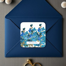 Konstnärliga Blå Akvarell Vilda Blommor Monogram Fyrkantigt Klistermärke