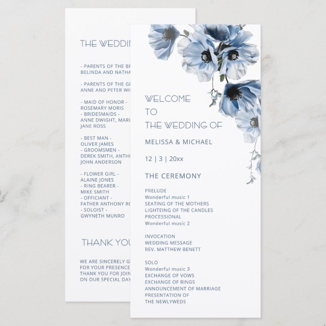 Konstnärliga Blå Blommor Bröllop Program (Fram/baksida)