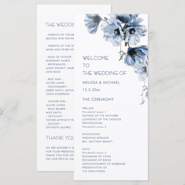 Konstnärliga Blå Blommor Bröllop Program (Fram/baksida)