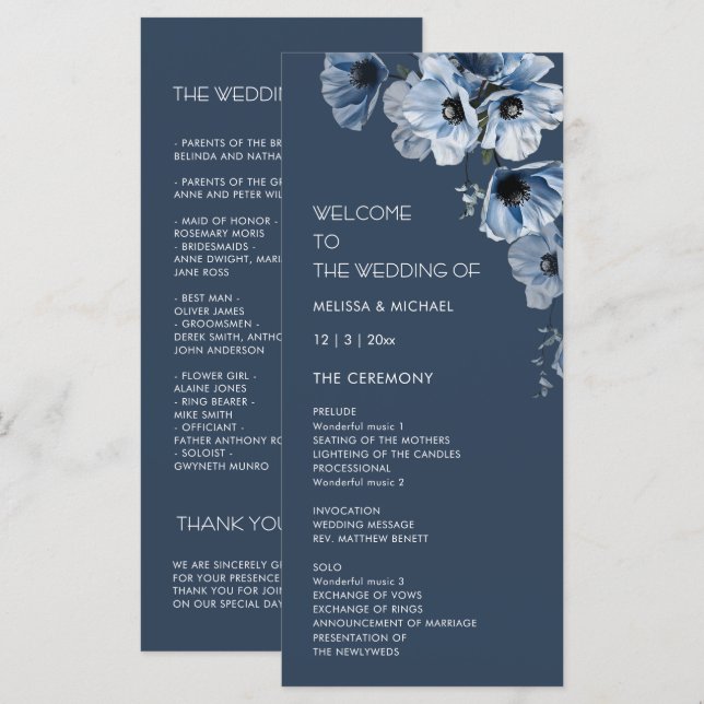 Konstnärliga Blå Blommor Bröllop Program (Fram/baksida)