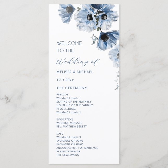 Konstnärliga Blå Blommor Bröllop Program (Framsida)