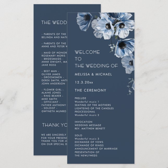 Konstnärliga Blå Blommor Bröllop Program (Fram/baksida)