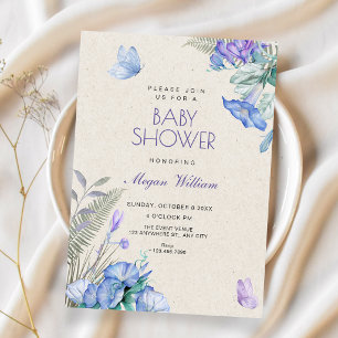 Konstnärliga blommiga fjärilar baby shower inbjudningar