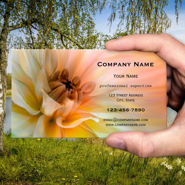 Konstnärliga blommor, Affärskort Visitkort (Business card featuring a gorgeous flower in peach and green)