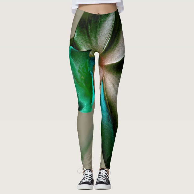 Konstnärliga blommor i blått, Grönt och Grått-tone Leggings (Framsida)