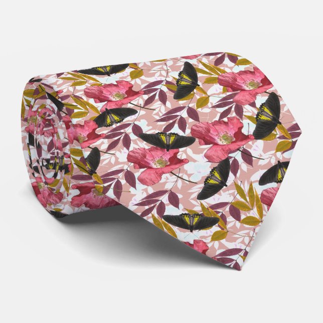 Konstnärliga färgrika fjärilar & vallmo blommor slips (Rullad)