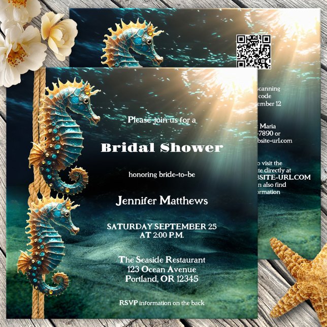 Konstnärliga havshästar Möhippa Inbjudningar (Bridal shower invitation featuring seahorses ready to tie the knot - ocean - sea - seaside - QR code)