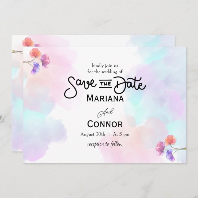 Konstnärliga inbjudningar till Rosa och blåbröllop (Fram/baksida)