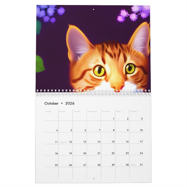 Konstnärliga katter och förändrade vattenfärgsblom kalender (Oct 2026)