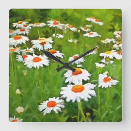 Konstnärliga, ljusa och färgstarka vita Daisy Fyrkantig Klocka