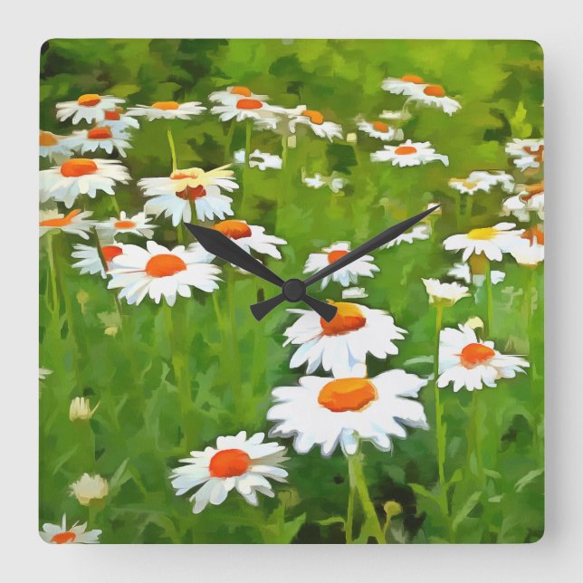 Konstnärliga, ljusa och färgstarka vita Daisy Fyrkantig Klocka (Framsida)