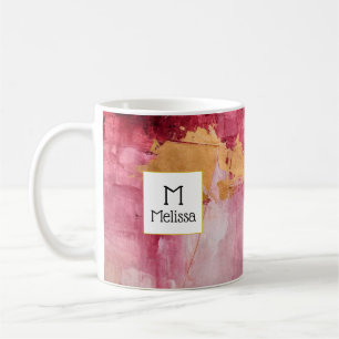 Konstnärliga penseldrag Guld och Rosa Monogram Kaffemugg