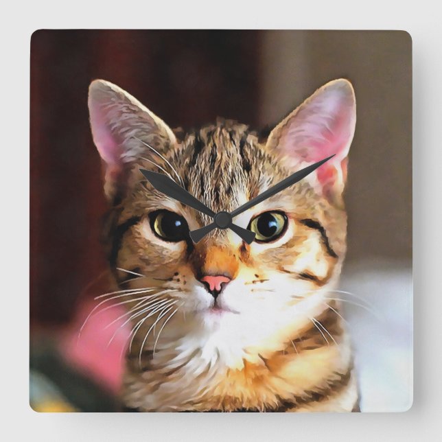 Konstnärliga Tabby katt Kitten Porträtt Fyrkantig Klocka (Framsida)