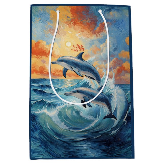 Konstnärliga två halvmånsdelfiner Sunset Ocean (Framsidan)