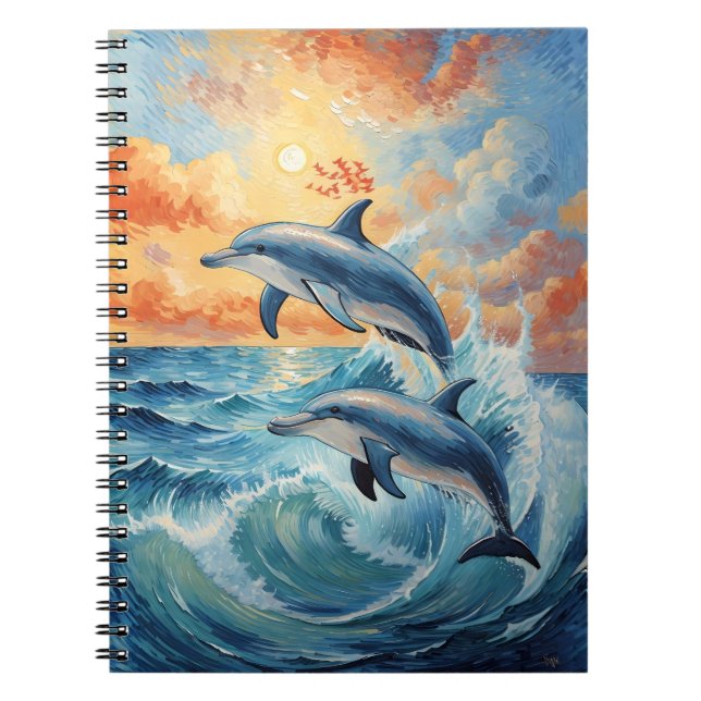 Konstnärliga två halvmånsdelfiner Sunset Ocean Anteckningsbok (Framsidan)