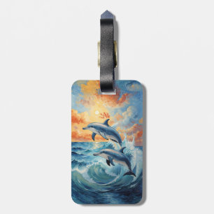 Konstnärliga två halvmånsdelfiner Sunset Ocean Bagagebricka