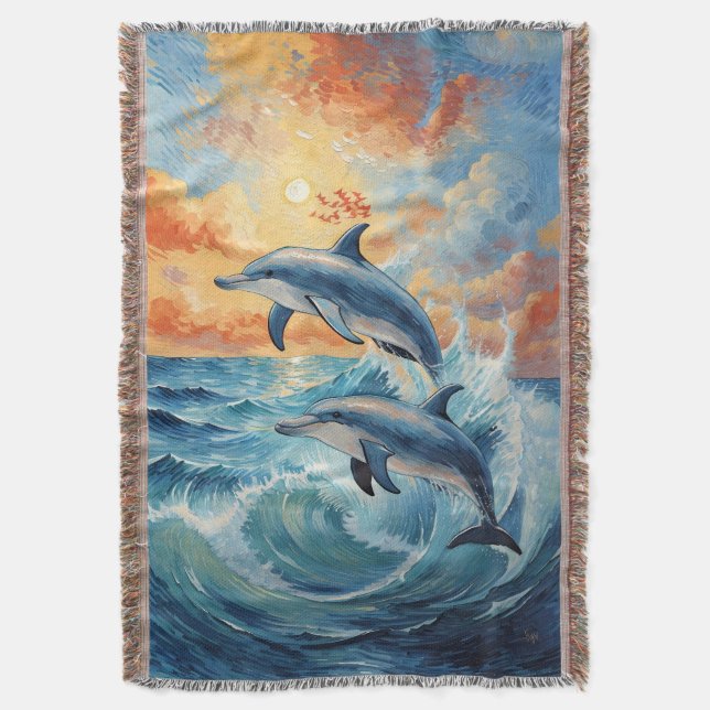 Konstnärliga två halvmånsdelfiner Sunset Ocean Filt (Framsidan Vertikal)