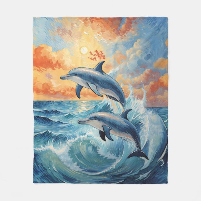 Konstnärliga två halvmånsdelfiner Sunset Ocean Fleecefilt (Framsidan)