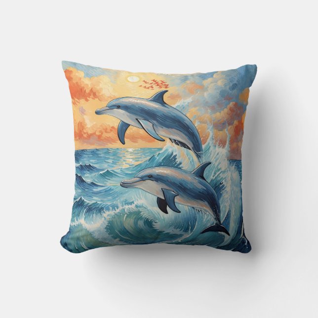 Konstnärliga två halvmånsdelfiner Sunset Ocean Kudde (Framsida)