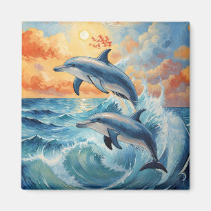 Konstnärliga två halvmånsdelfiner Sunset Ocean Magnet