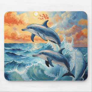 Konstnärliga två halvmånsdelfiner Sunset Ocean Musmatta