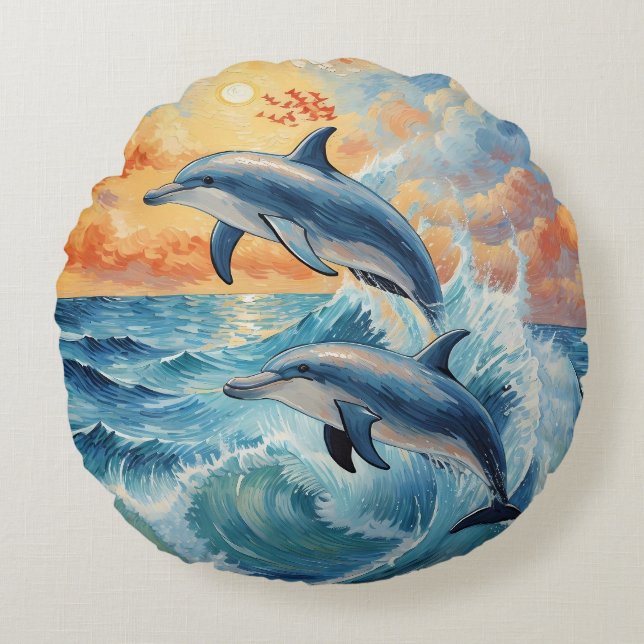 Konstnärliga två halvmånsdelfiner Sunset Ocean Rund Kudde (Framsidan)