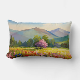 Konstnärliga vattenfärgsberg liggande vilda blommo lumbarkudde