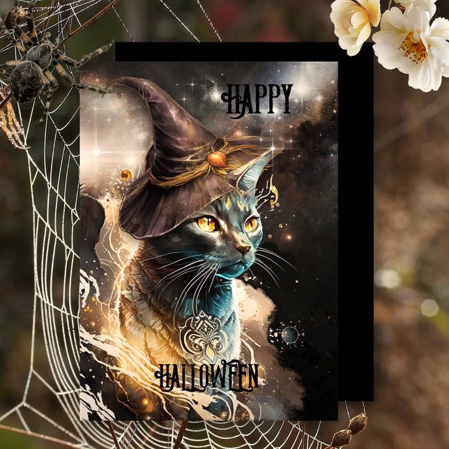 Konstnärligt Halloween-kort för katt Julkort (A fun artistic Halloween card featuring a kitty with witches hat on a dark starry night.)