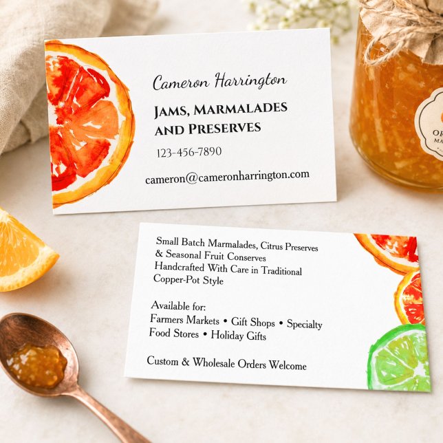 Konstnärligt marmaladkonserverad syltmakare        visitkort (Bright orange and green citrus slices -- my own original watercolor art -- pop on these cards.)