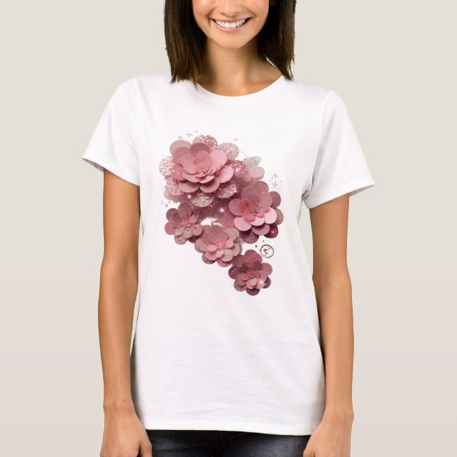 Konstnärligt Silver ROSA GLITTER BLOMMOR T Shirt (Framsida)