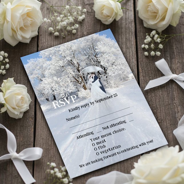 Konstnärligt Winter Wonderland Dream Bröllop OSA C Inbjudningar (Wedding RSVP card featuring a painting of a winter wonderland scene with a couple with umbrella)